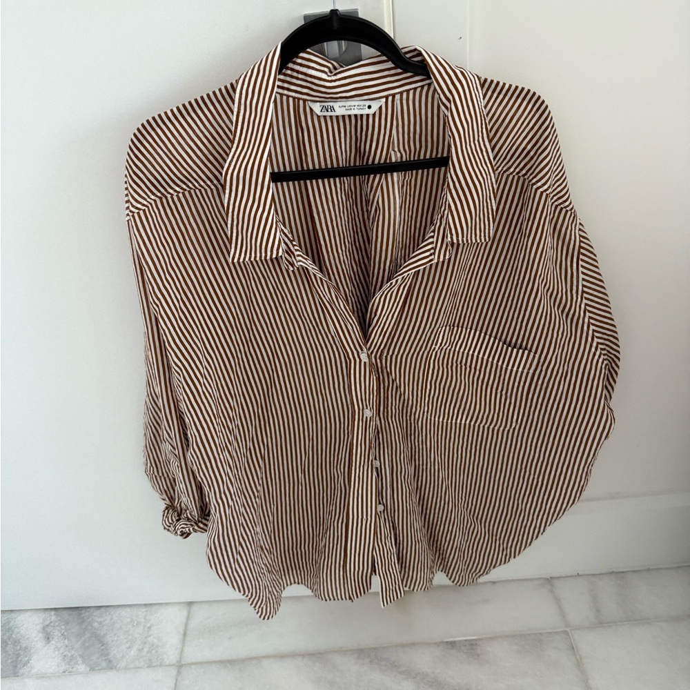Zara Women's flowy Button Down Shirt in Brown and White Stripes